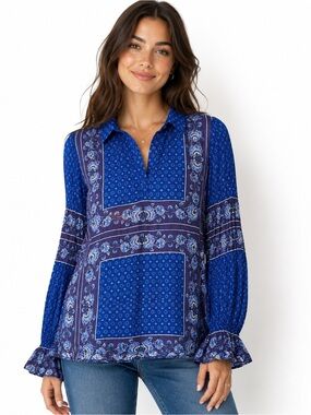 Free People Women’s Changing Times Printed Blouse, True Blue, Size Large
